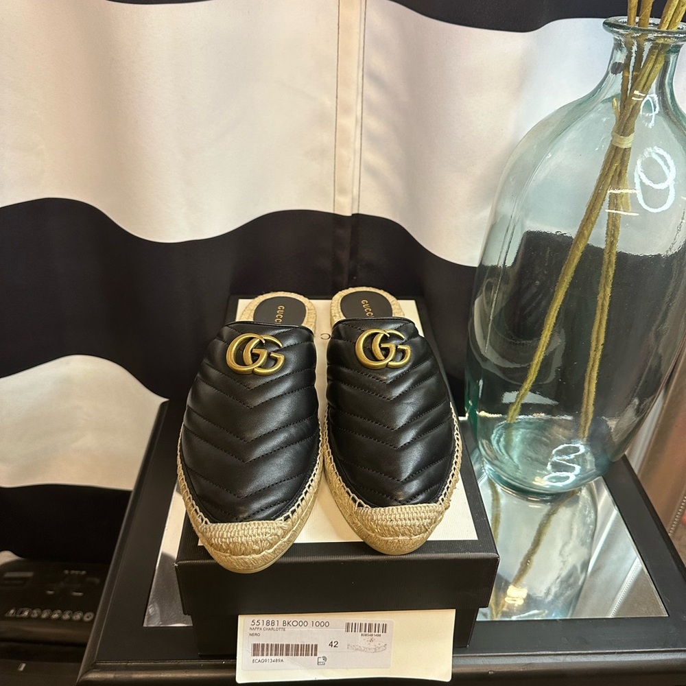 GUCCI Charlotte Matelasse gold GG logo platform espadrille jute mule - Picture 7 of 7